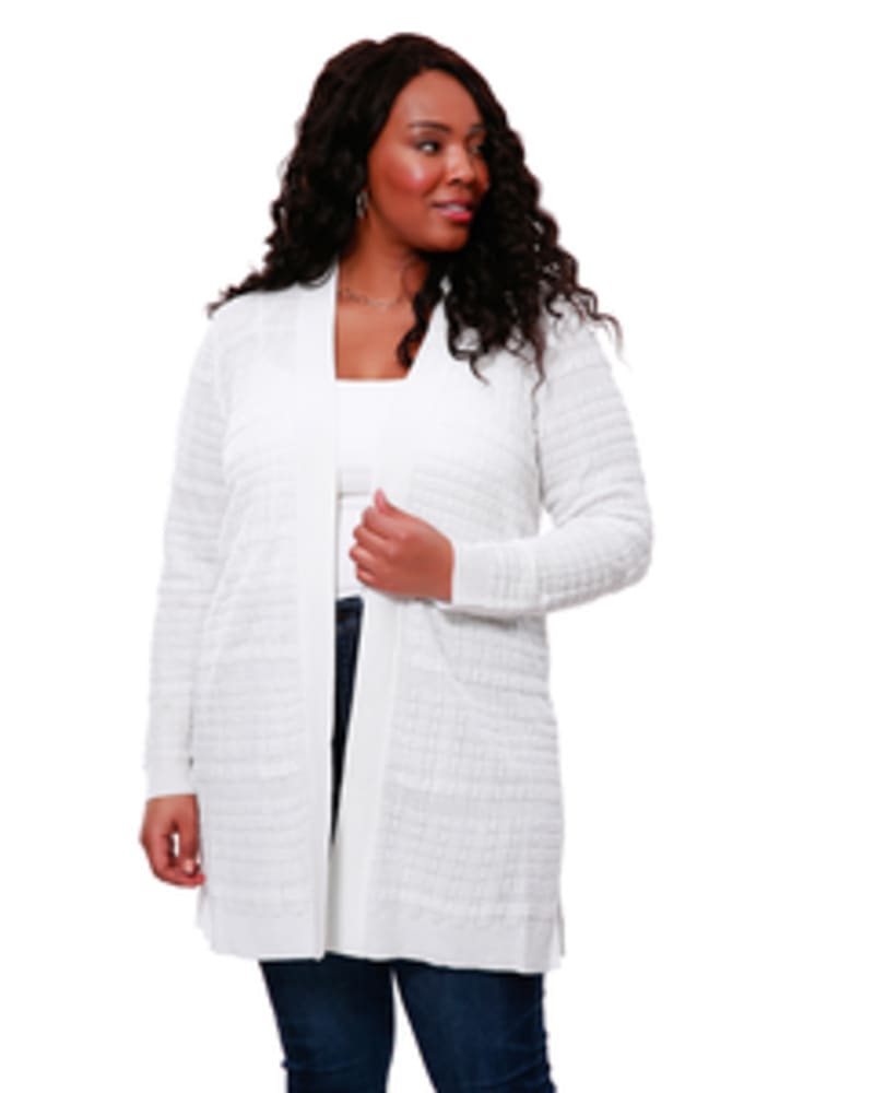 Front of a model wearing a size 1X Embroidered Open-Front Cardigan in WHITE by Belldini Black Label. | dia_product_style_image_id:246114